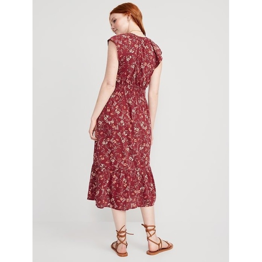 Old Navy Dress Womens XS Red Floral Flutter Sleeve Smocked Waist Tiered Midi